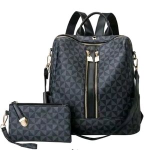 Elegant Brown Checkered Backpack and Pouch Set